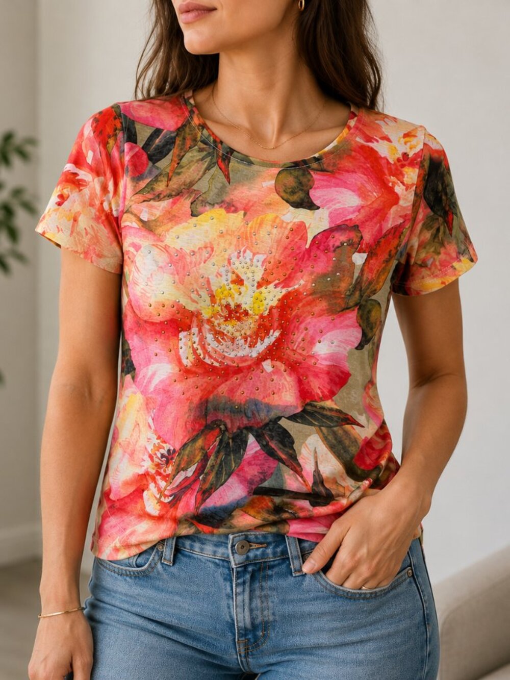 Alia Watercolour Pink Orange Green Floral Studded Scoop-Neck T-Shirt – S